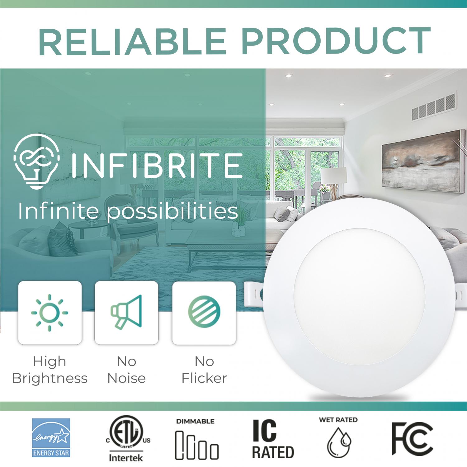 Infibrite 4 Inch 3000K Warm White 9W 750 LM Ultra-Slim LED Ceiling Light with Junction Box, Flush Mount, Dimmable, Fixture for Bedroom, Wet Rated for Bathroom, Easy Install, 75W Eqv, ETL & Energy Star, US Company (24 Pack)
