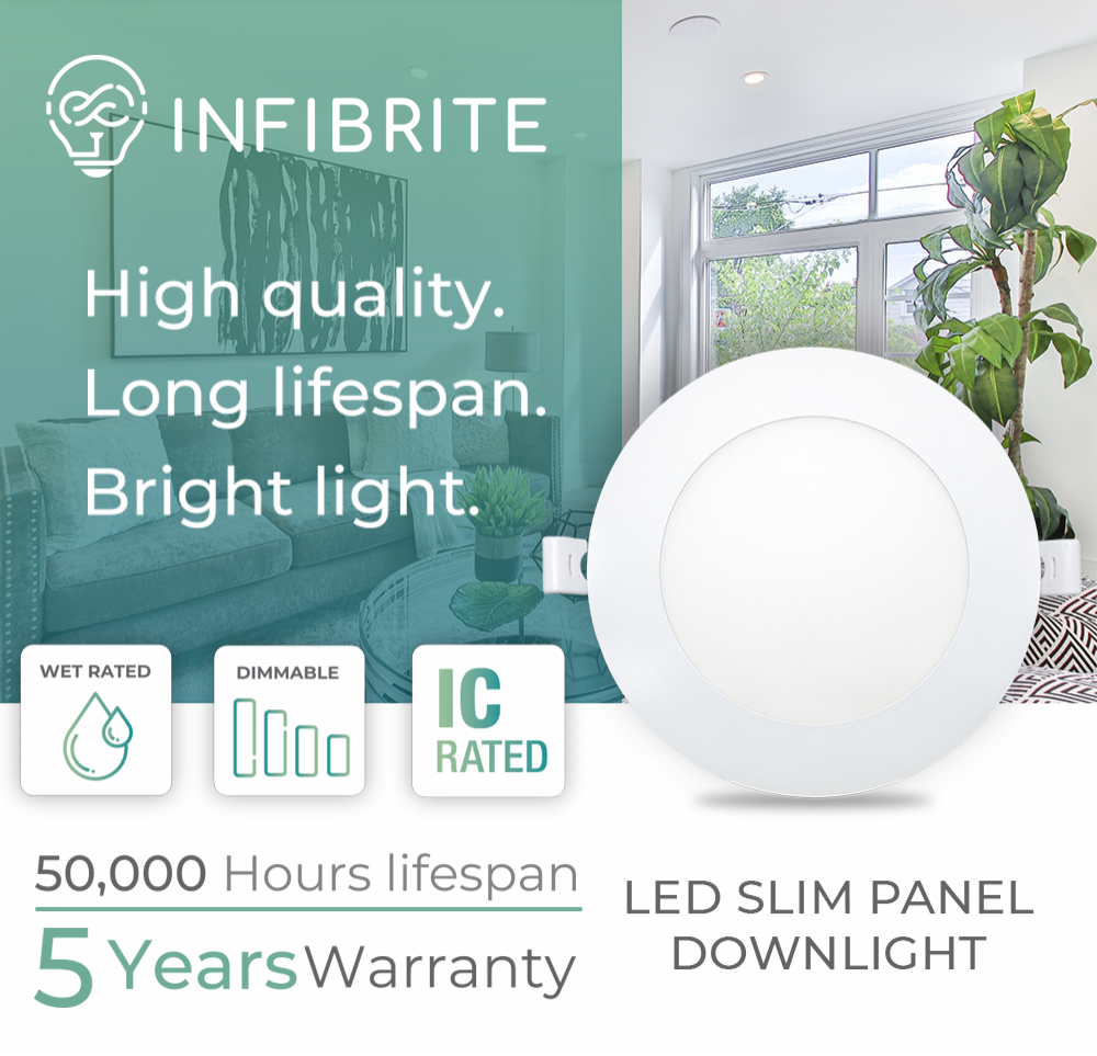 Infibrite 4 Inch 3000K Warm White 9W 750 LM Ultra-Slim LED Ceiling Light with Junction Box, Flush Mount, Dimmable, Fixture for Bedroom, Wet Rated for Bathroom, Easy Install, 75W Eqv, ETL & Energy Star, US Company
