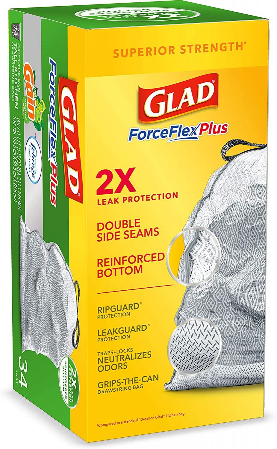 Glad ForceFlexPlus Tall Kitchen Drawstring Trash Bags, 13 Gallon Grey Trash Bag, Gain Original with Febreze Freshness 34 Count (Package May Vary)
