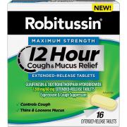 Robitussin Maximum Strength 12 Hour Cough & Mucus Relief Extended-Release, Controls Cough, Thins & Loosens Mucus, Alcohol Free, 16 Tablets