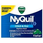 Vicks NyQuil Cold and Flu Multi-Symptom Relief, Nighttime, Sore Throat, Fever, and Congestion Relief, 8 LiquiCaps 